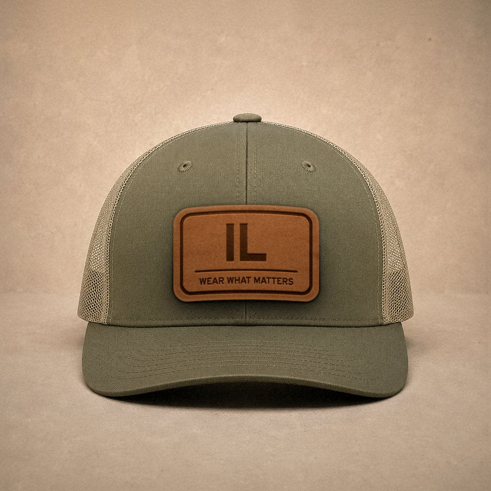 Moss Illinois hats — Illinois IL Leather Patch Trucker Hat