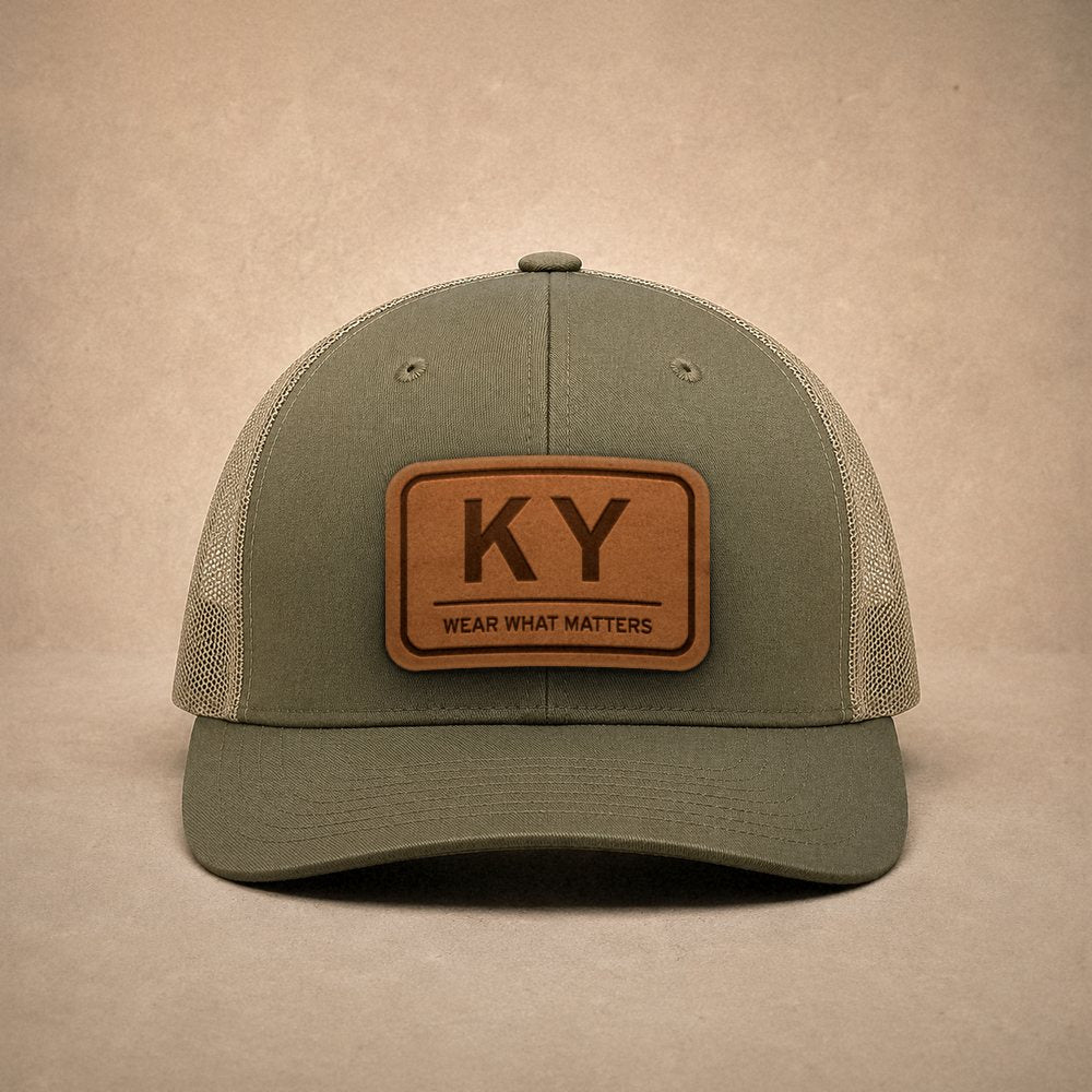Moss Kentucky hats — Kentucky KY Leather Patch Trucker Hat