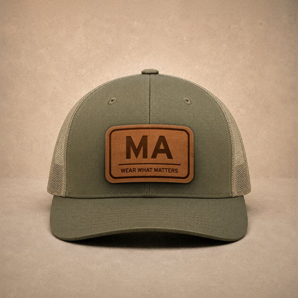 Moss Massachusetts hats — Massachusetts MA Leather Patch Trucker Hat