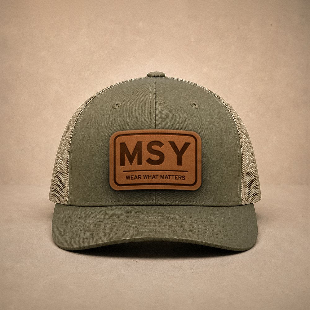 Moss New Orleans hats — New Orleans MSY Leather Patch Trucker Hat