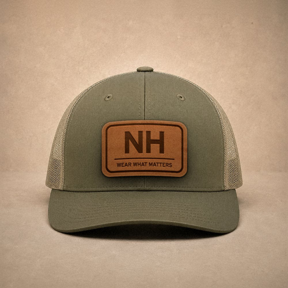 Moss New Hampshire hats — New Hampshire NH Leather Patch Trucker Hat