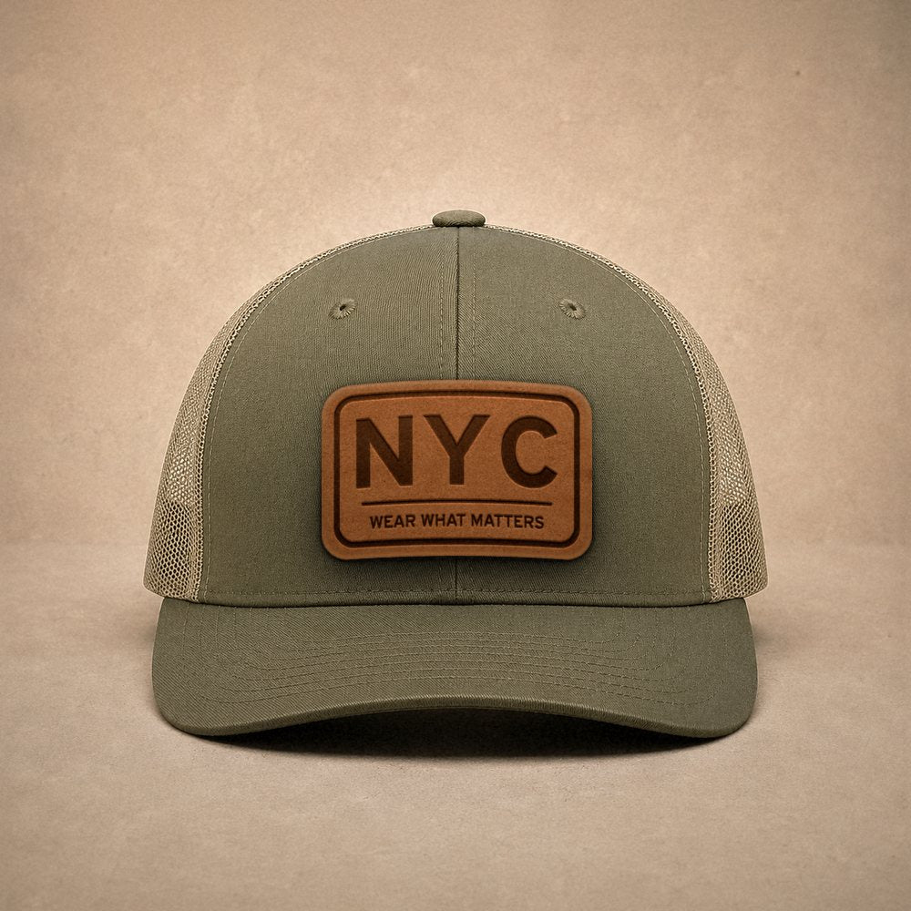 Moss New York City hats — New York City NYC Leather Patch Trucker Hat