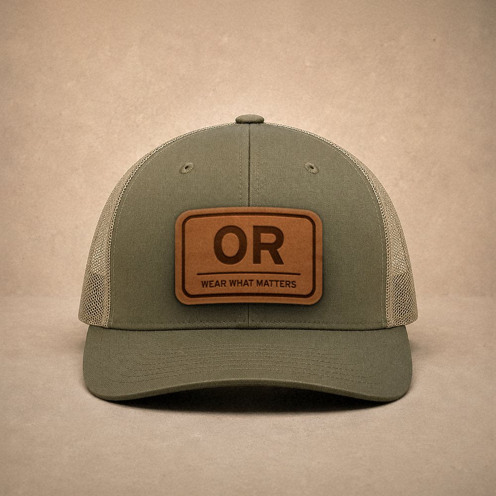 Moss Oregon hats — Oregon OR Leather Patch Trucker Hat