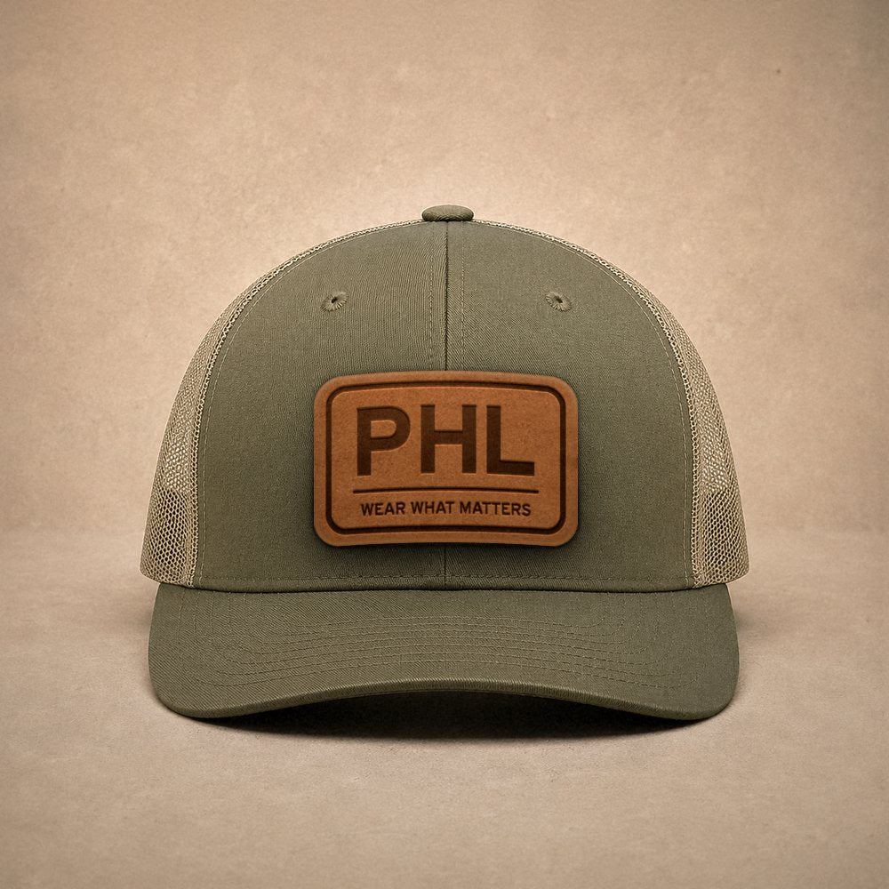 Moss Philadelphia hats — Philadelphia PHL Leather Patch Trucker Hat