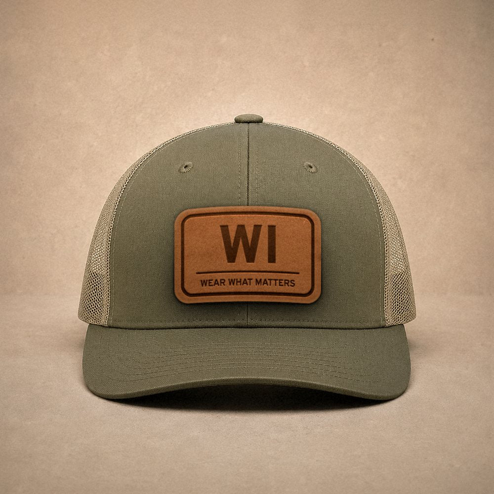 Moss Wisconsin hats — Wisconsin WI Leather Patch Trucker Hat