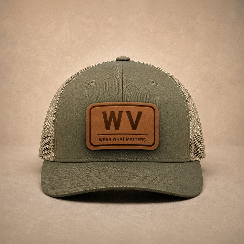 Moss West Virginia hats — West Virginia WV Leather Patch Trucker Hat