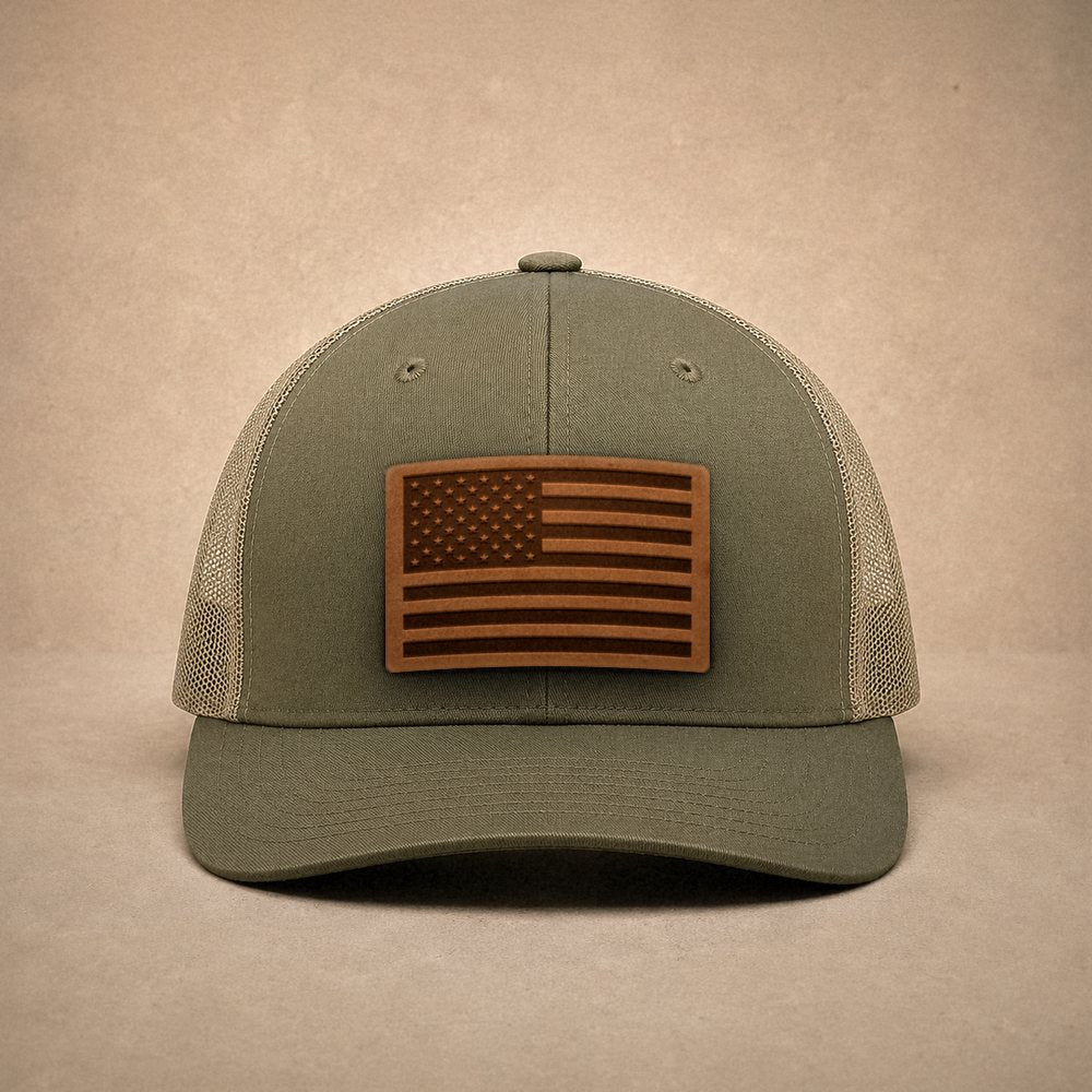 USA Flag Leather Patch Trucker Hat