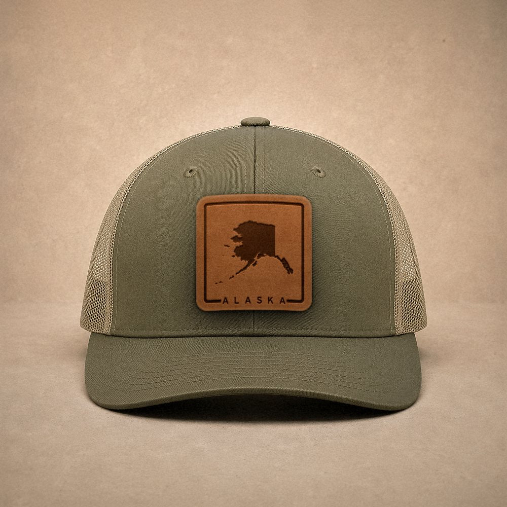 Moss Alaska hats — Alaska Outline Leather Patch Trucker Hat