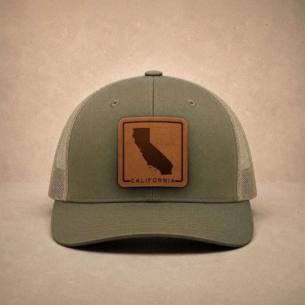 Moss California hats — California Outline Leather Patch Trucker Hat