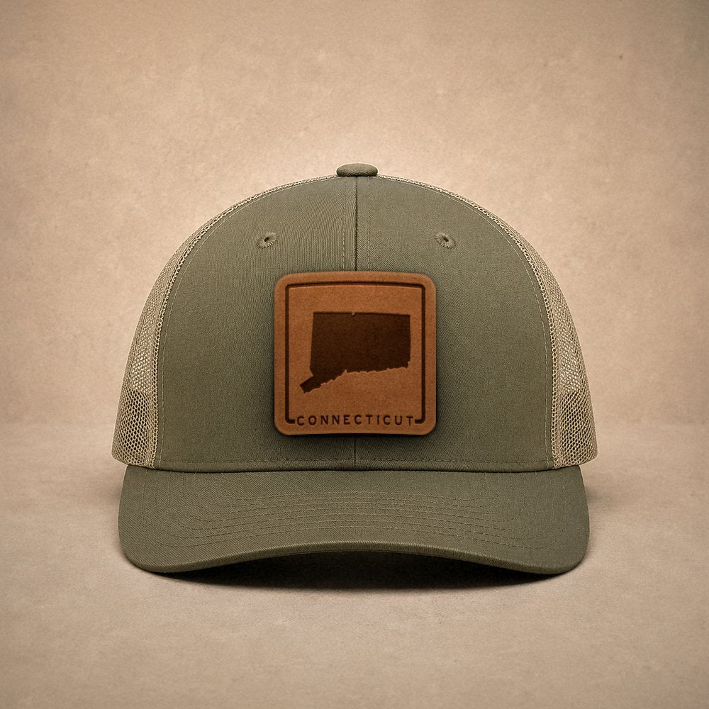 Moss Connecticut hats — Connecticut Outline Leather Patch Trucker Hat