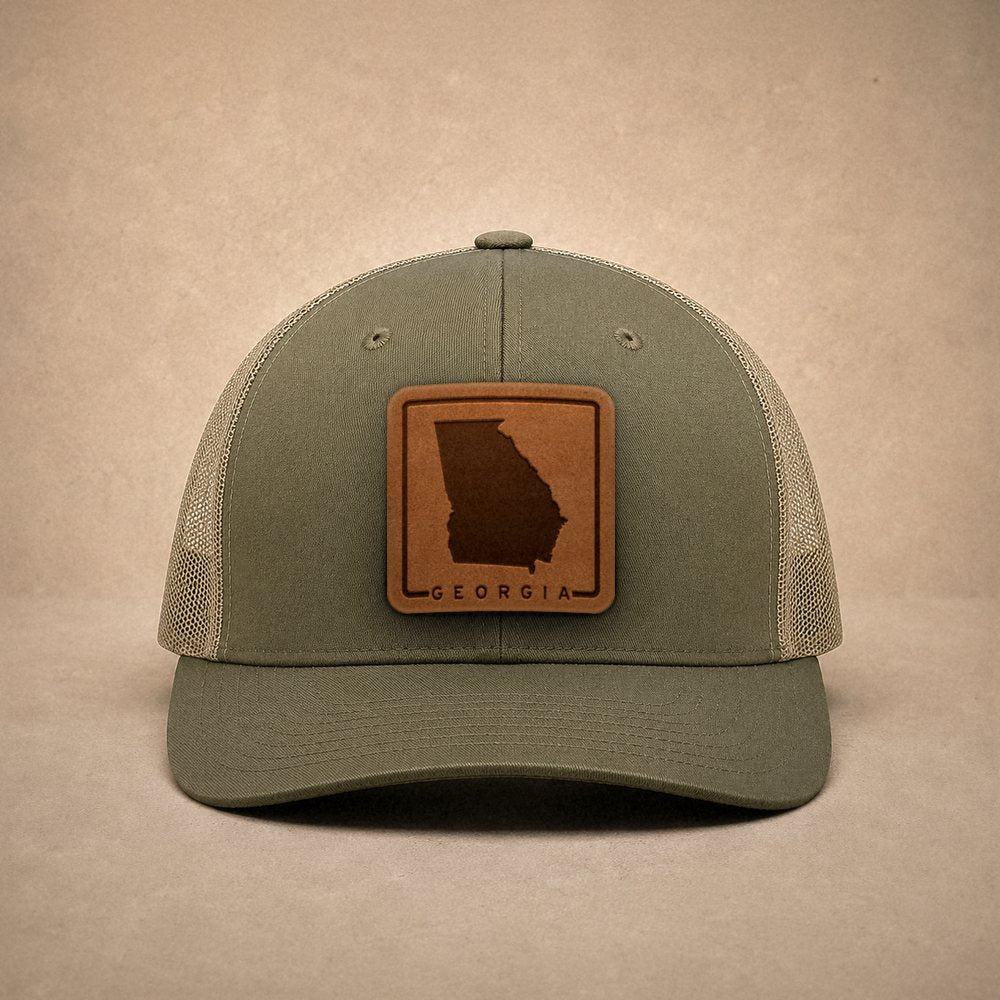 Moss Georgia hats — Georgia Outline Leather Patch Trucker Hat