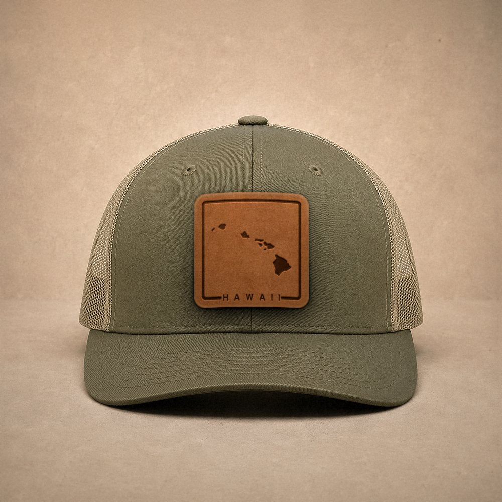 Moss Hawaii hats — Hawaii Outline Leather Patch Trucker Hat