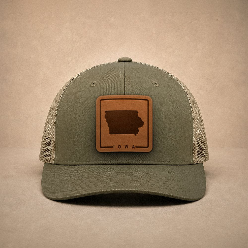 Moss Iowa hats — Iowa Outline Leather Patch Trucker Hat