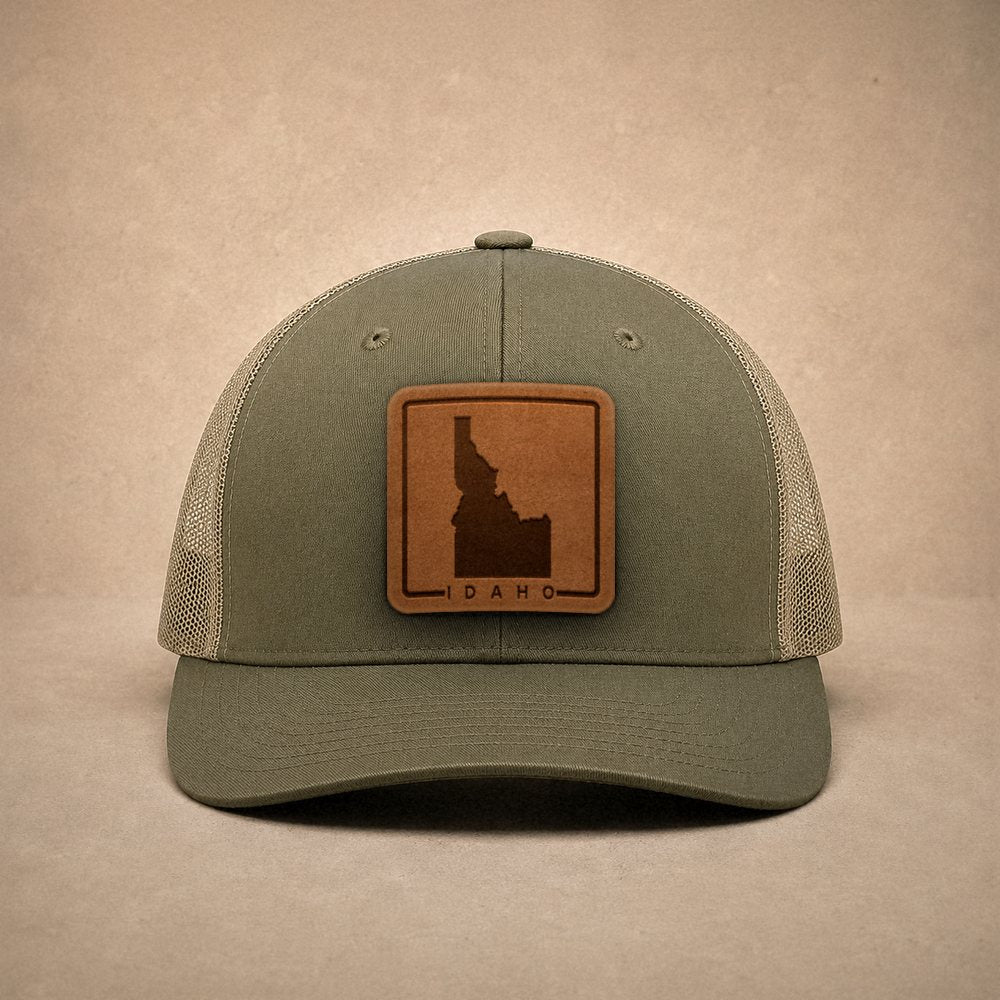 Moss Idaho hats — Idaho Outline Leather Patch Trucker Hat