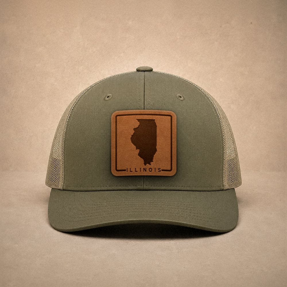 Moss Illinois hats — Illinois Outline Leather Patch Trucker Hat