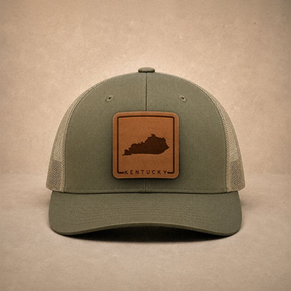 Moss Kentucky hats — Kentucky Outline Leather Patch Trucker Hat