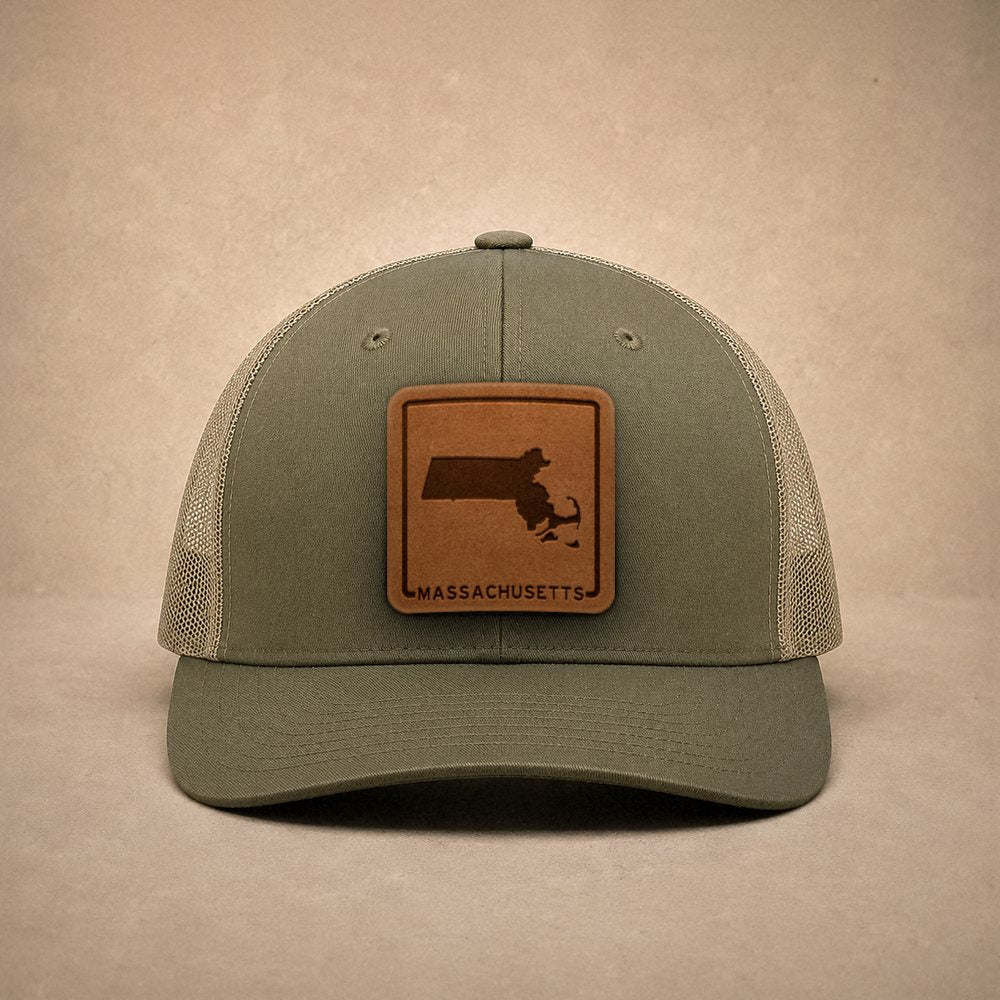 Moss Massachusetts hats — Massachusetts Outline Leather Patch Trucker Hat