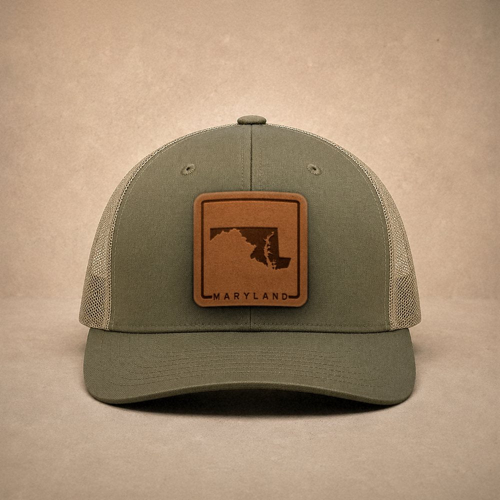Moss Maryland hats — Maryland Outline Leather Patch Trucker Hat