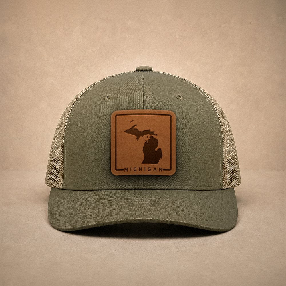 Moss Michigan hats — Michigan Outline Leather Patch Trucker Hat