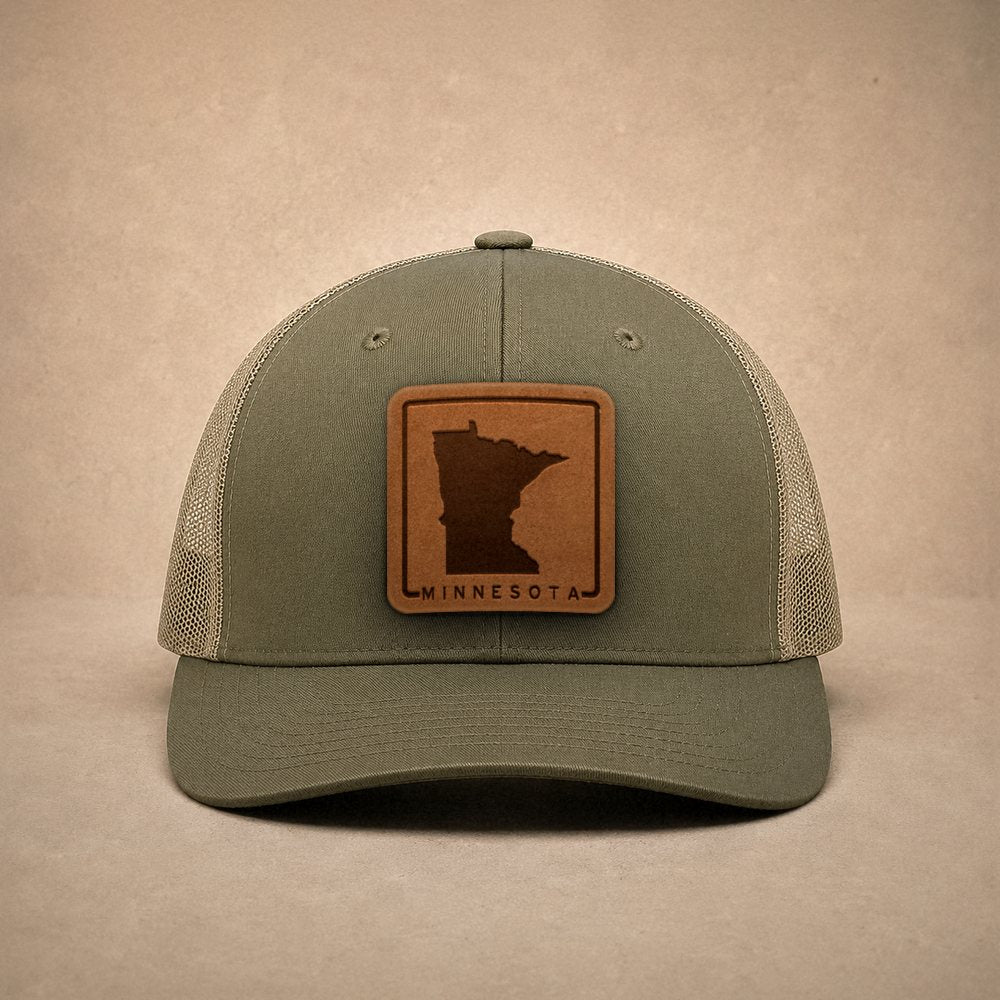 Moss Minnesota hats — Minnesota Outline Leather Patch Trucker Hat