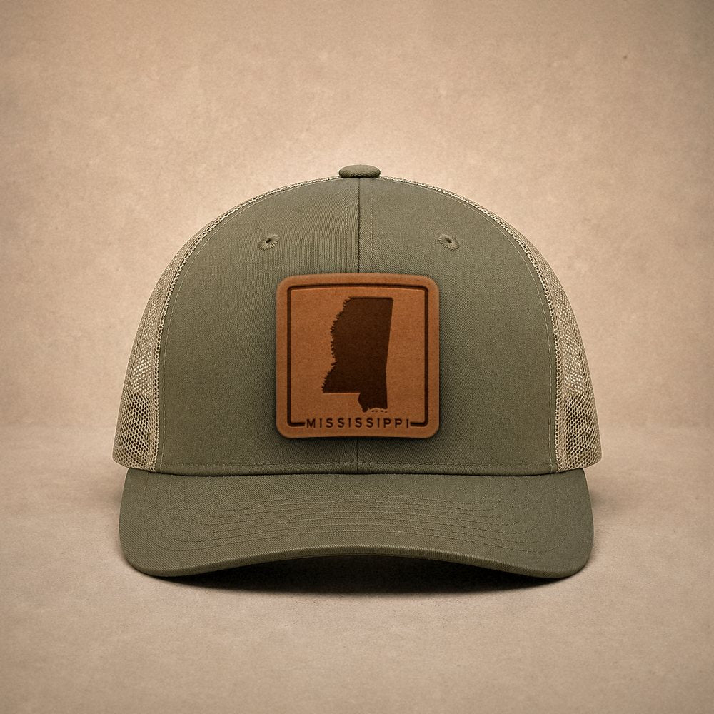 Moss Mississippi hats — Mississippi Outline Leather Patch Trucker Hat