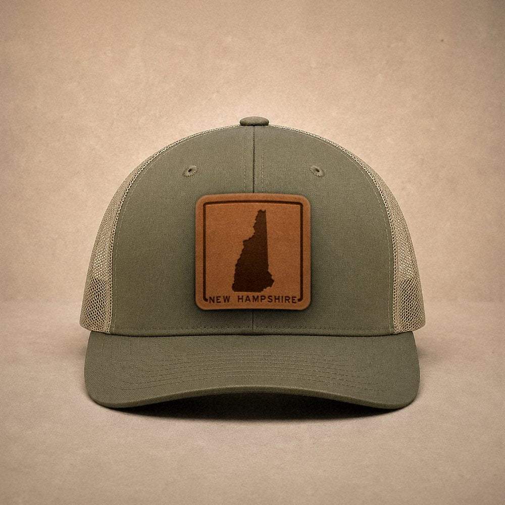 Moss New Hampshire hats — New Hampshire Outline Leather Patch Trucker Hat