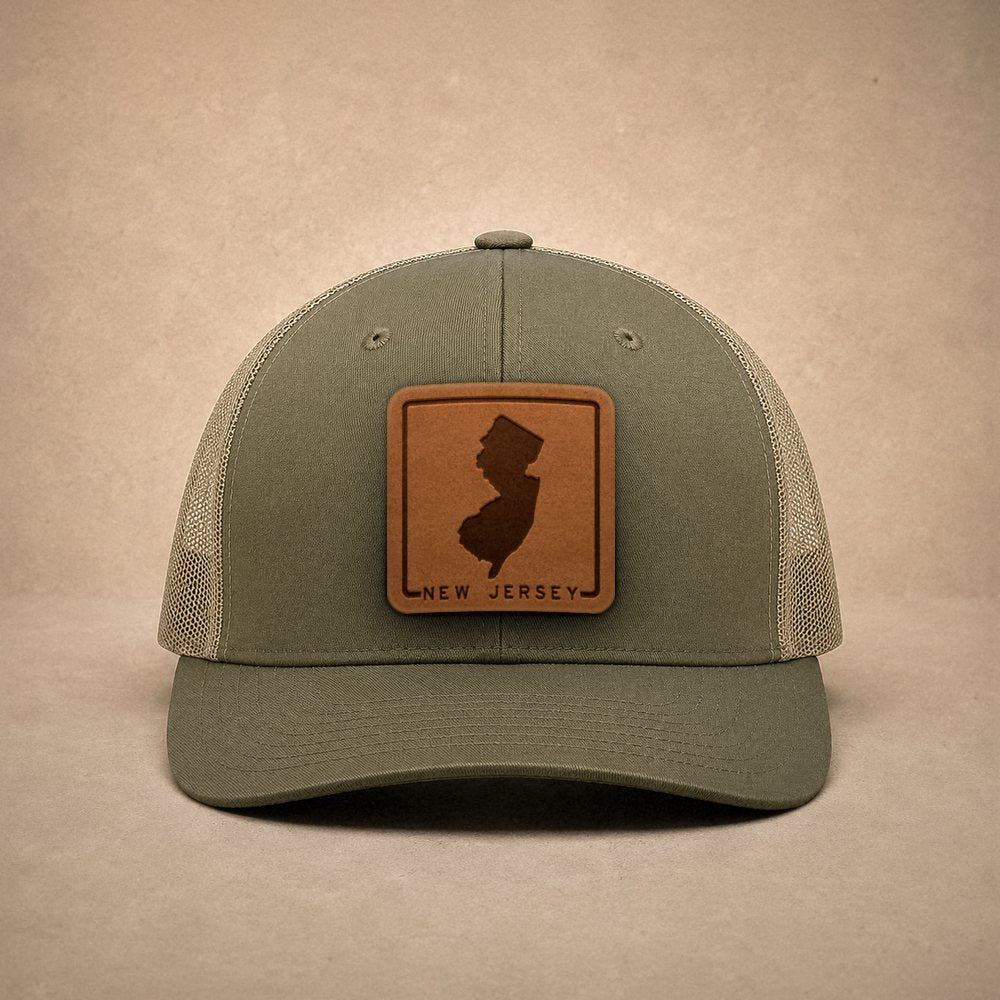 Moss New Jersey hats — New Jersey Outline Leather Patch Trucker Hat