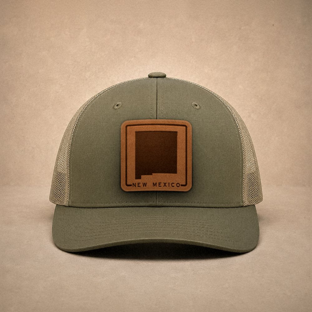 Moss New Mexico hats — New Mexico Outline Leather Patch Trucker Hat