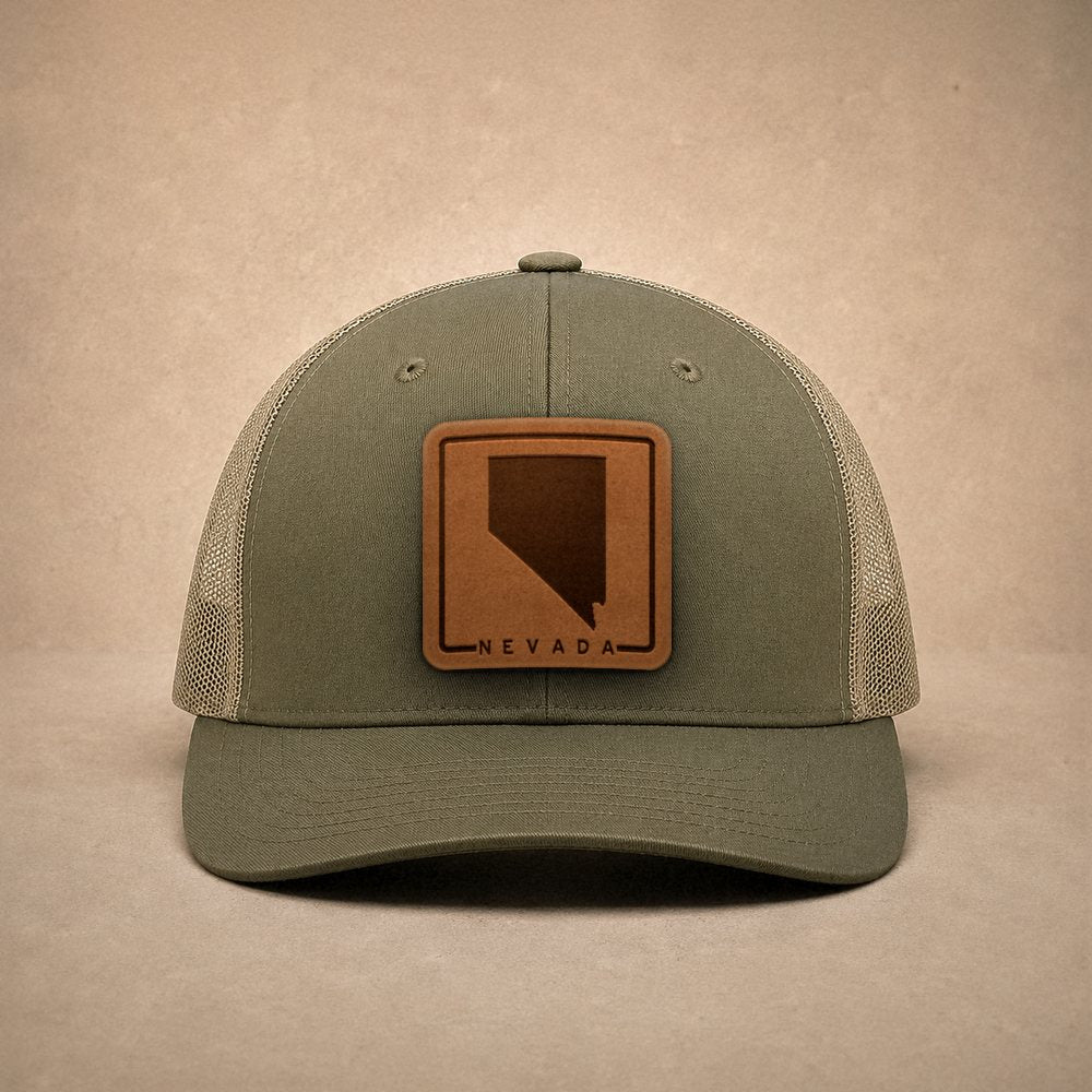 Moss Nevada hats — Nevada Outline Leather Patch Trucker Hat