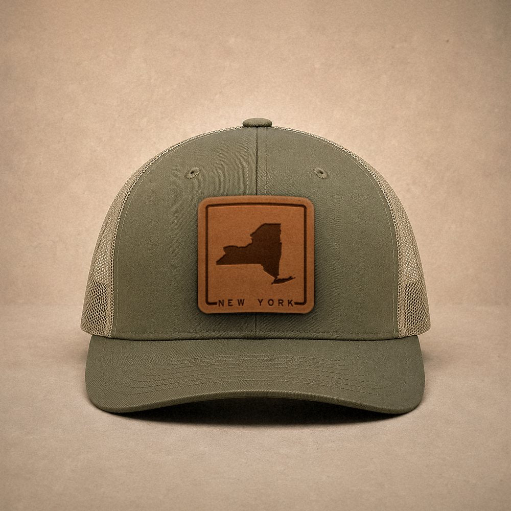 Moss New York hats — New York Outline Leather Patch Trucker Hat