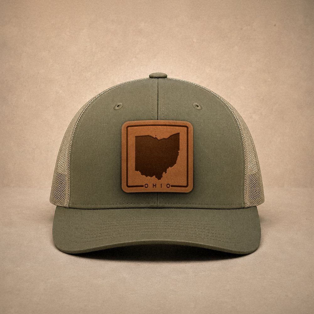 Moss Ohio hats — Ohio Outline Leather Patch Trucker Hat
