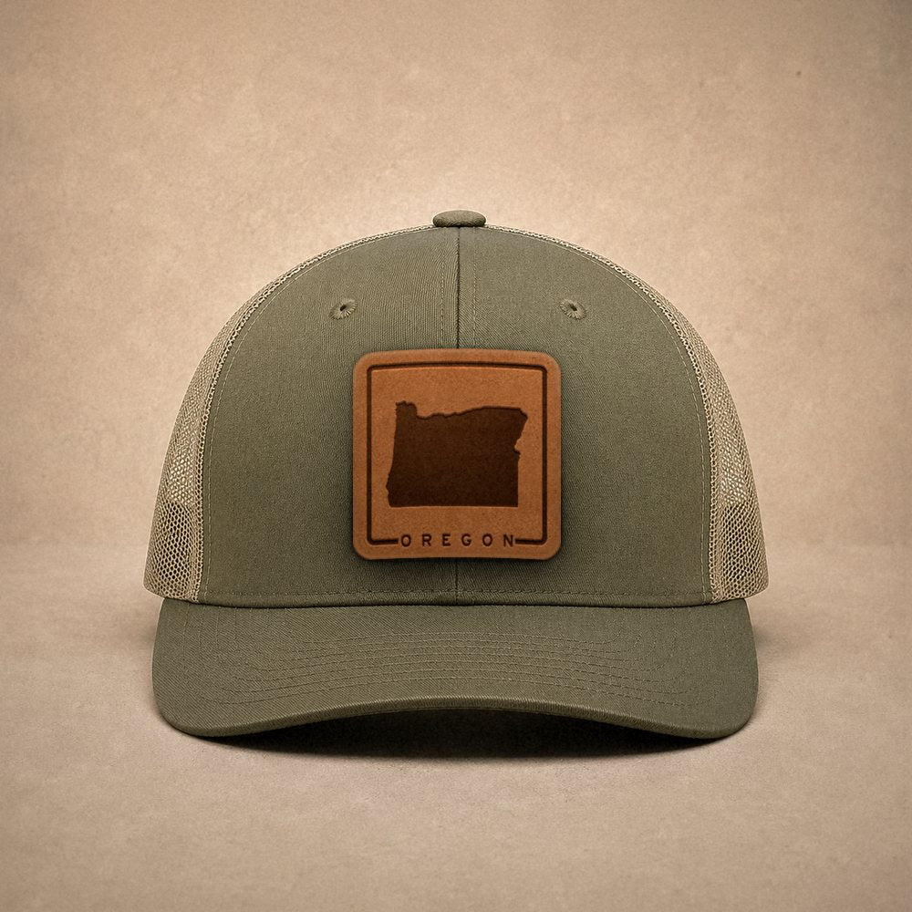 Moss Oregon hats — Oregon Outline Leather Patch Trucker Hat