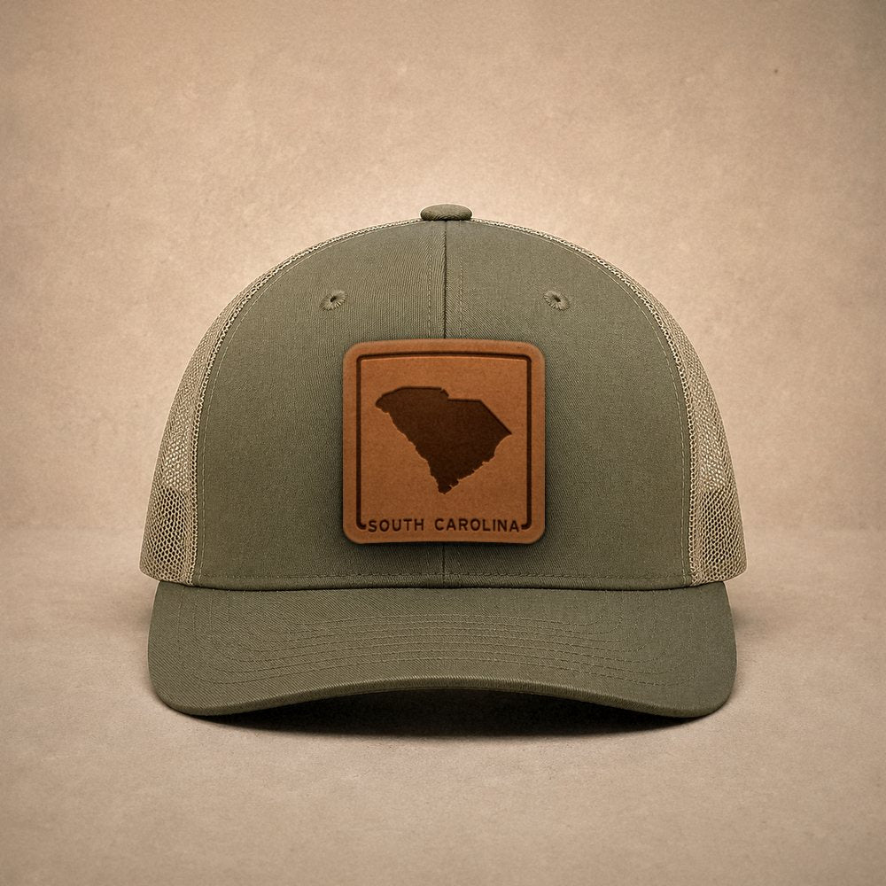 Moss South Carolina hats — South Carolina Outline Leather Patch Trucker Hat