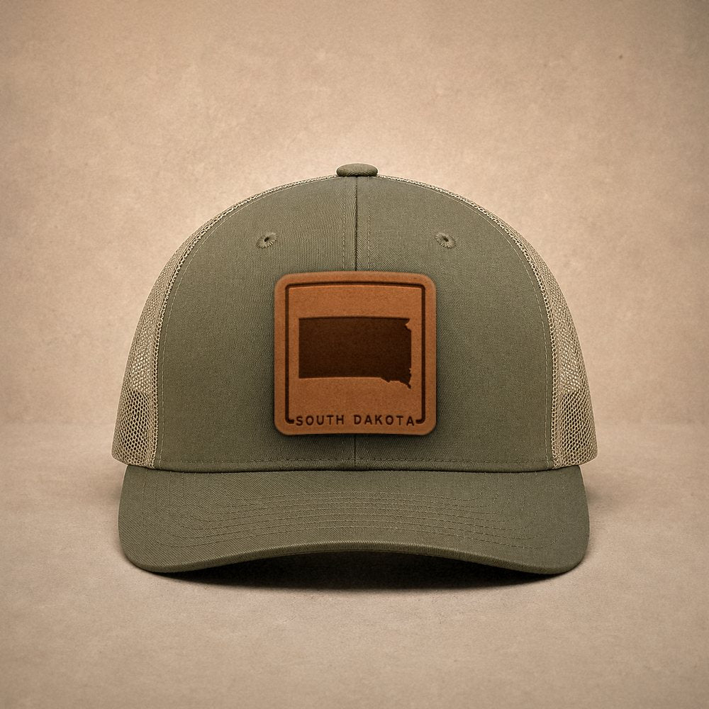 Moss South Dakota hats — South Dakota Outline Leather Patch Trucker Hat