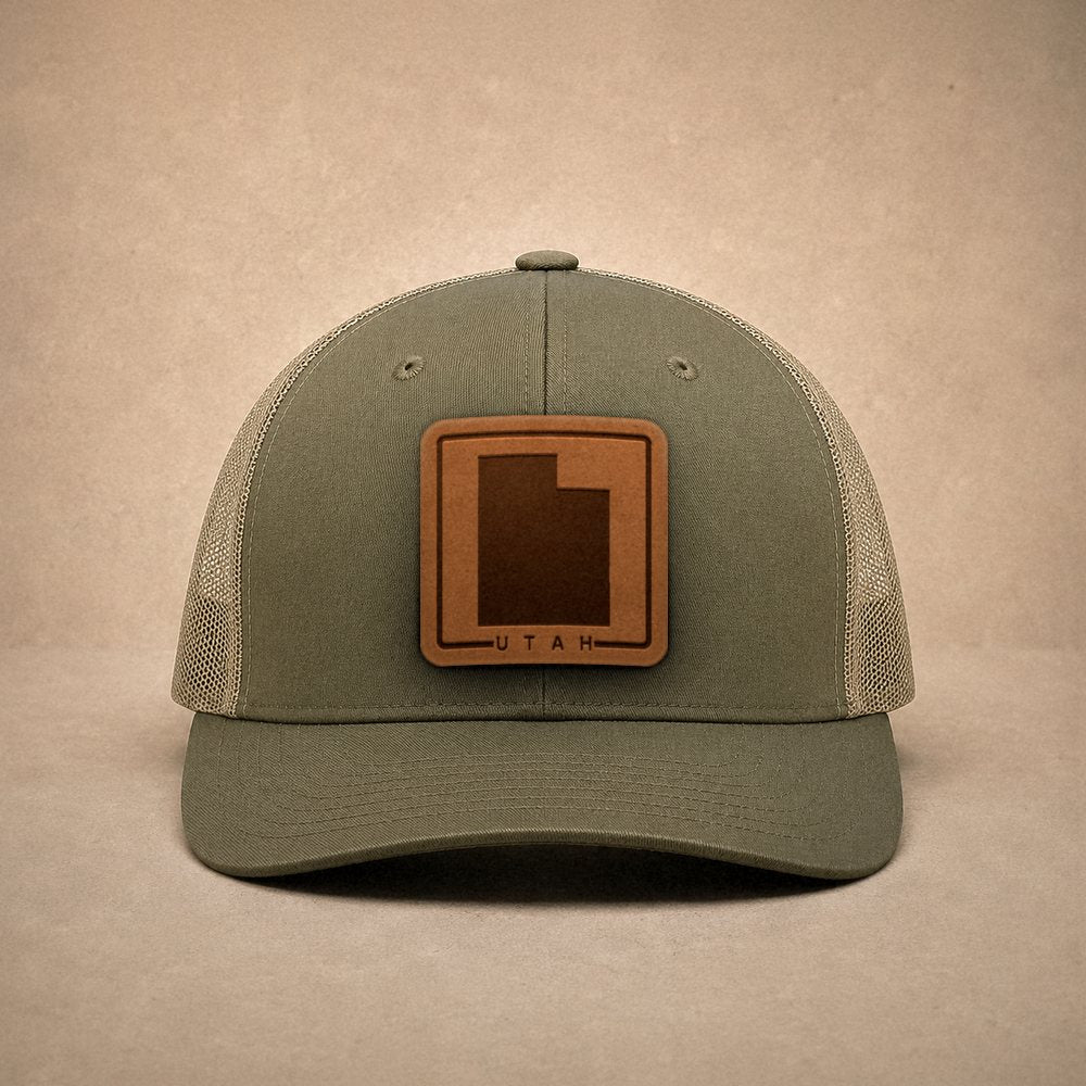 Moss Utah hats — Utah Outline Leather Patch Trucker Hat
