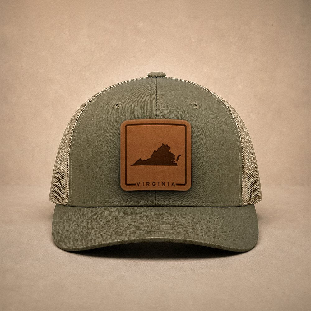 Moss Virginia hats — Virginia Outline Leather Patch Trucker Hat
