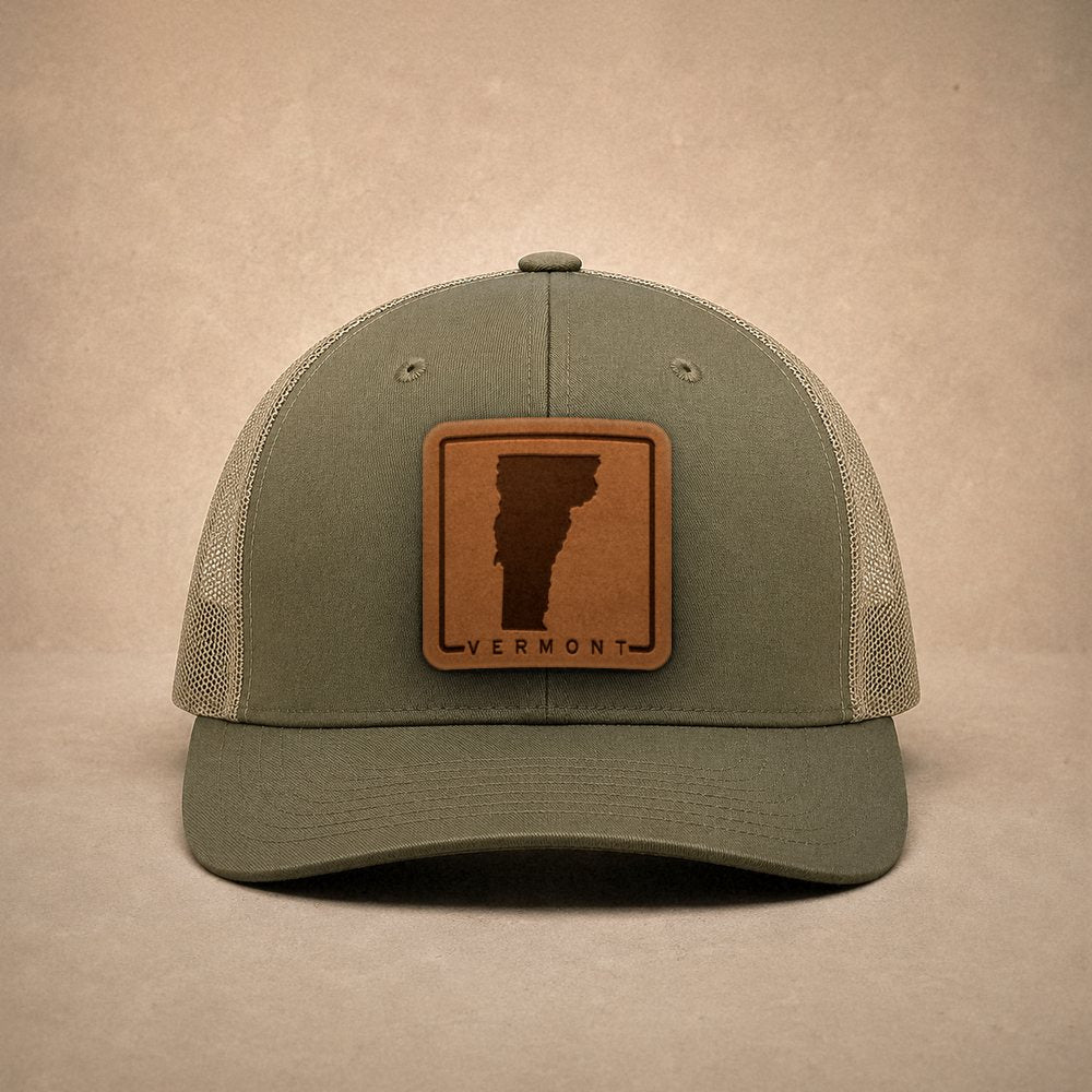 Moss Vermont hats — Vermont Outline Leather Patch Trucker Hat