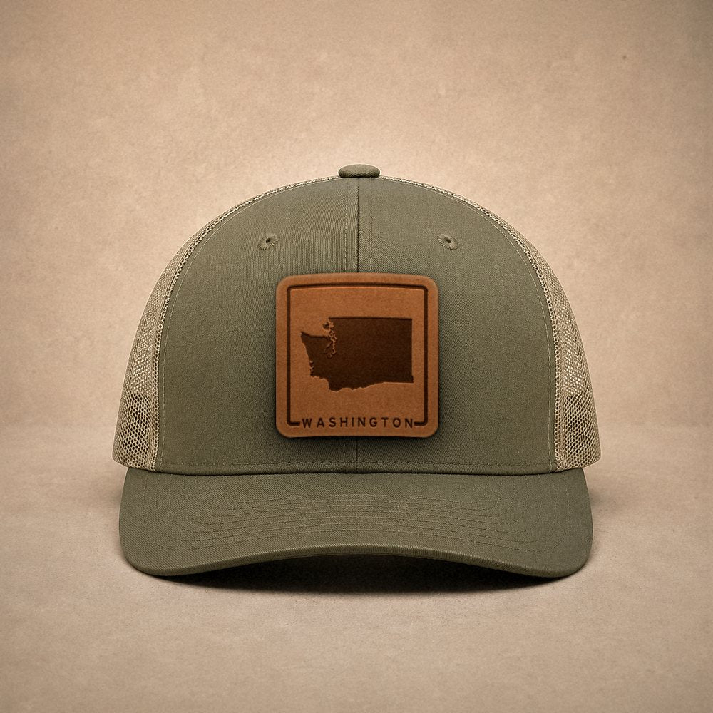 Moss Washington hats — Washington Outline Leather Patch Trucker Hat