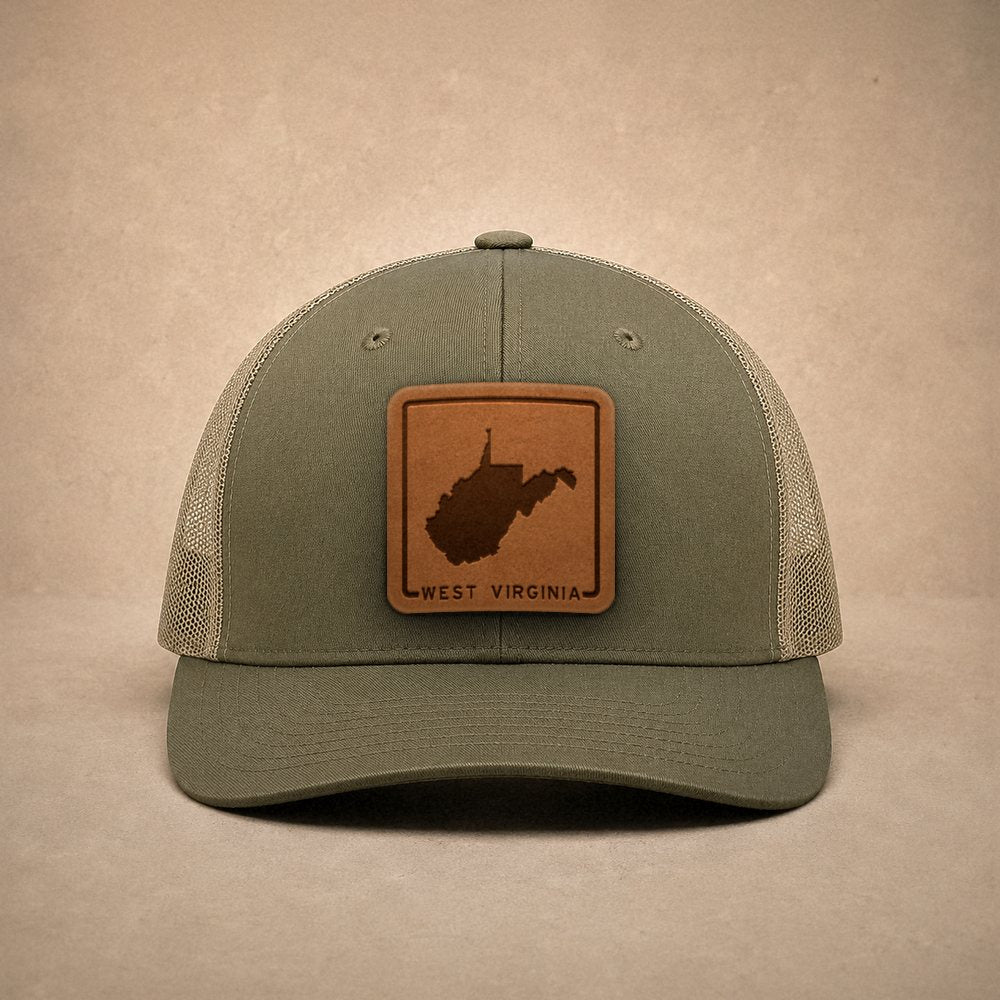 Moss West Virginia hats — West Virginia Outline Leather Patch Trucker Hat