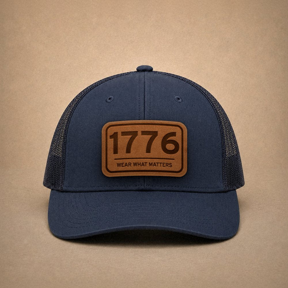 Navy USA hats — 1776 Leather Patch Trucker Hat