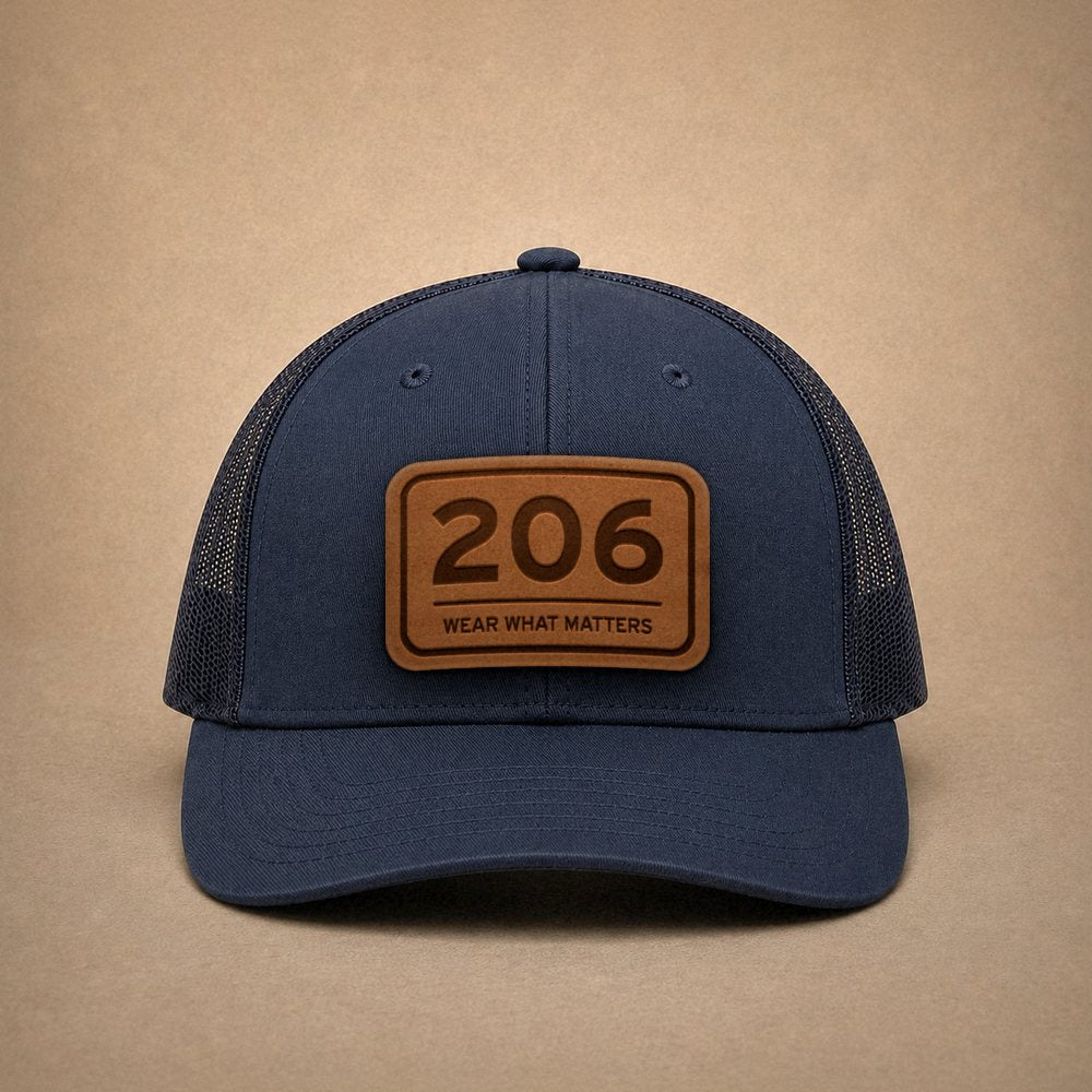 Navy Seattle hats — Seattle 206 Leather Patch Trucker Hat