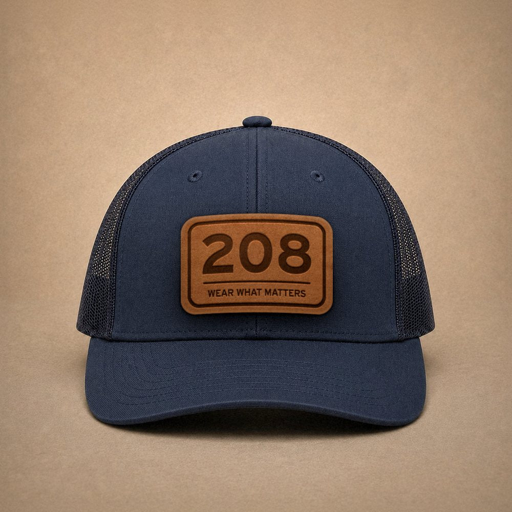 Navy Idaho hats — Idaho 208 Leather Patch Trucker Hat