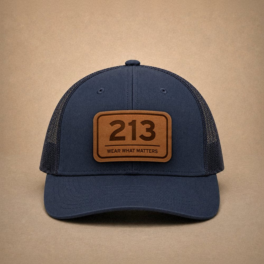 Navy Los Angeles hats — Los Angeles 213 Leather Patch Trucker Hat