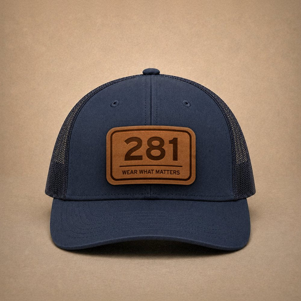 Navy Houston hats — Houston 281 Leather Patch Trucker Hat