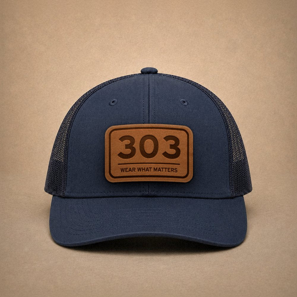 Navy Denver hats — Denver 303 Leather Patch Trucker Hat