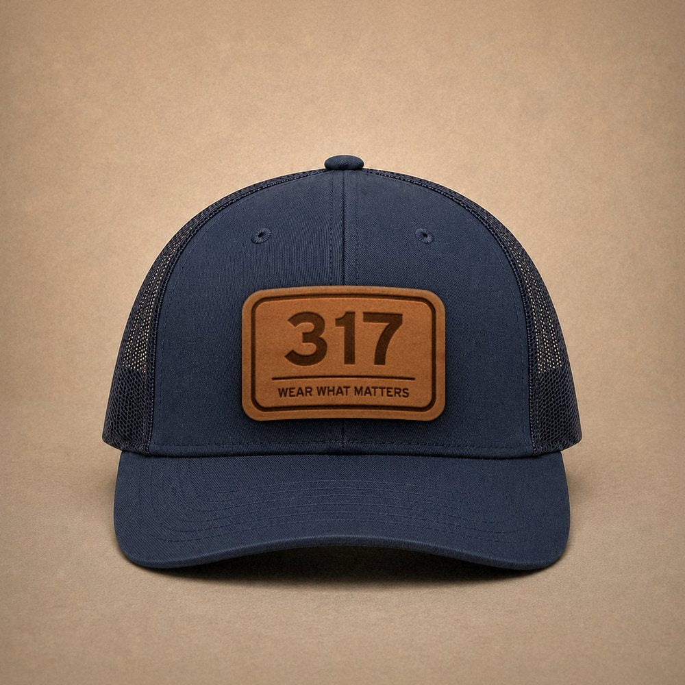 Navy Indianapolis hats — Indianapolis 317 Leather Patch Trucker Hat