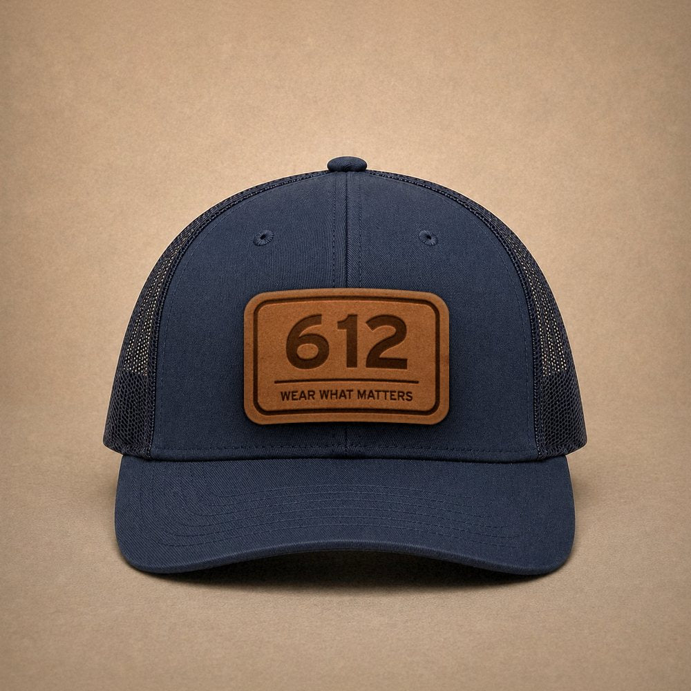 Navy Minneapolis hats — Minneapolis 612 Leather Patch Trucker Hat