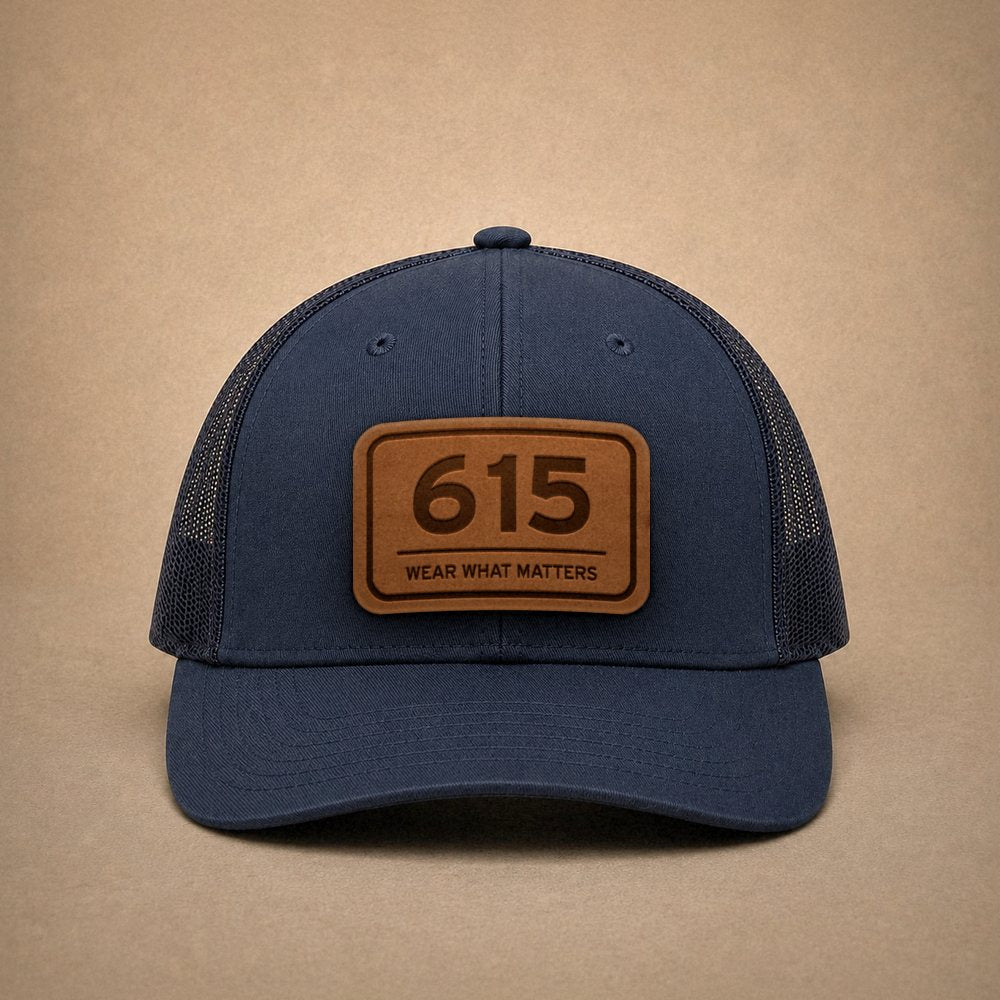 Navy Nashville hats — Nashville 615 Leather Patch Trucker Hat