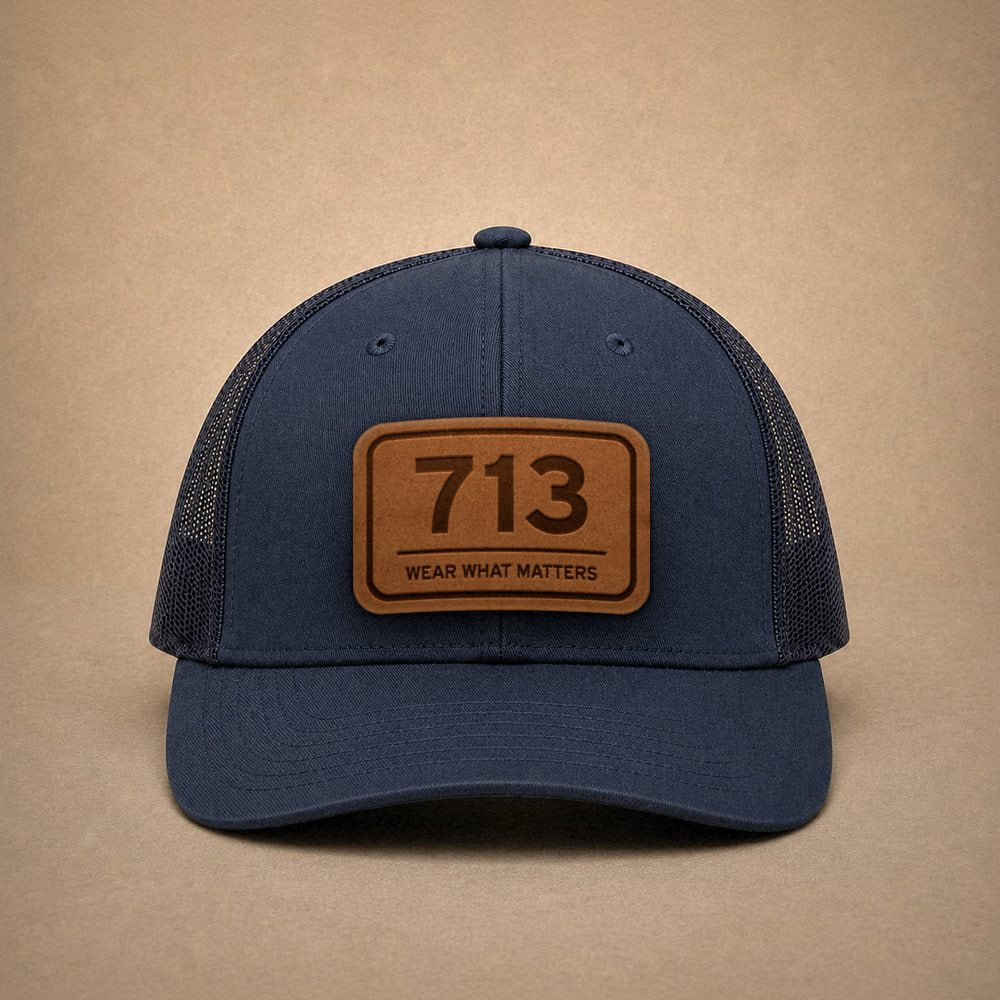 Navy Houston hats — Houston 713 Leather Patch Trucker Hat