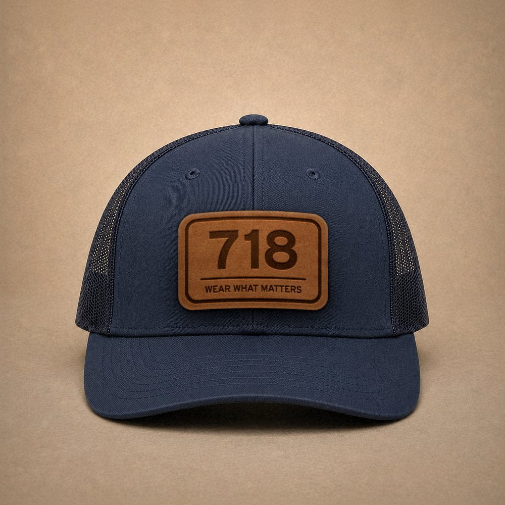 Navy New York City hats — New York City 718 Leather Patch Trucker Hat